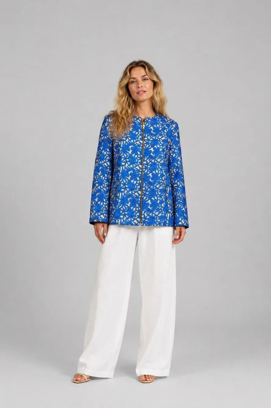 New Helene Berman London Blue Floral Brocade Jacket M Gold Zip Textured Boho Coa